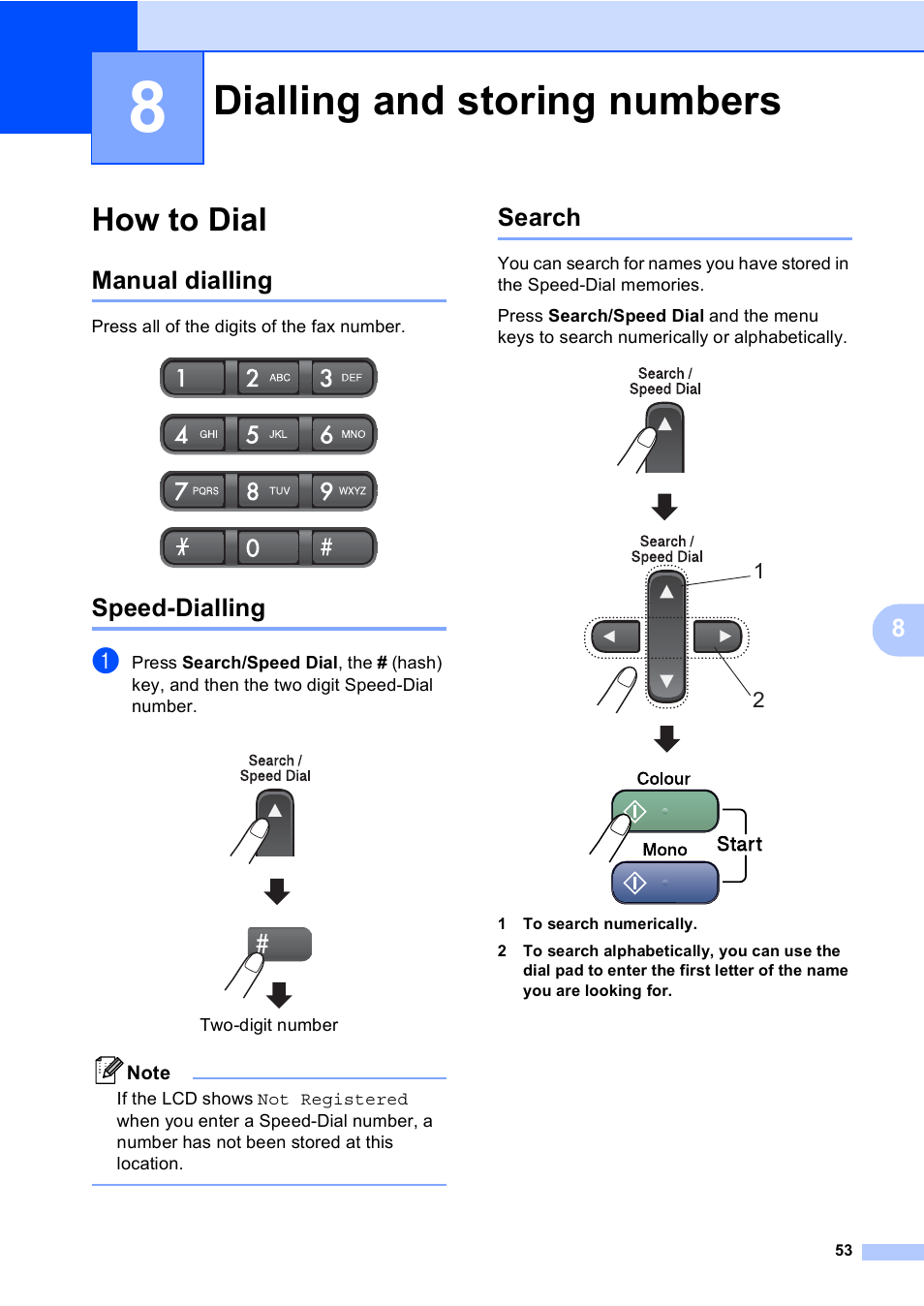 8 dialling and storing numbers, How to dial, Manual dialling | Speed-dialling, Search, Dialling and storing numbers, Manual dialling speed-dialling search | Brother MFC-5860CN User Manual | Page 63 / 168