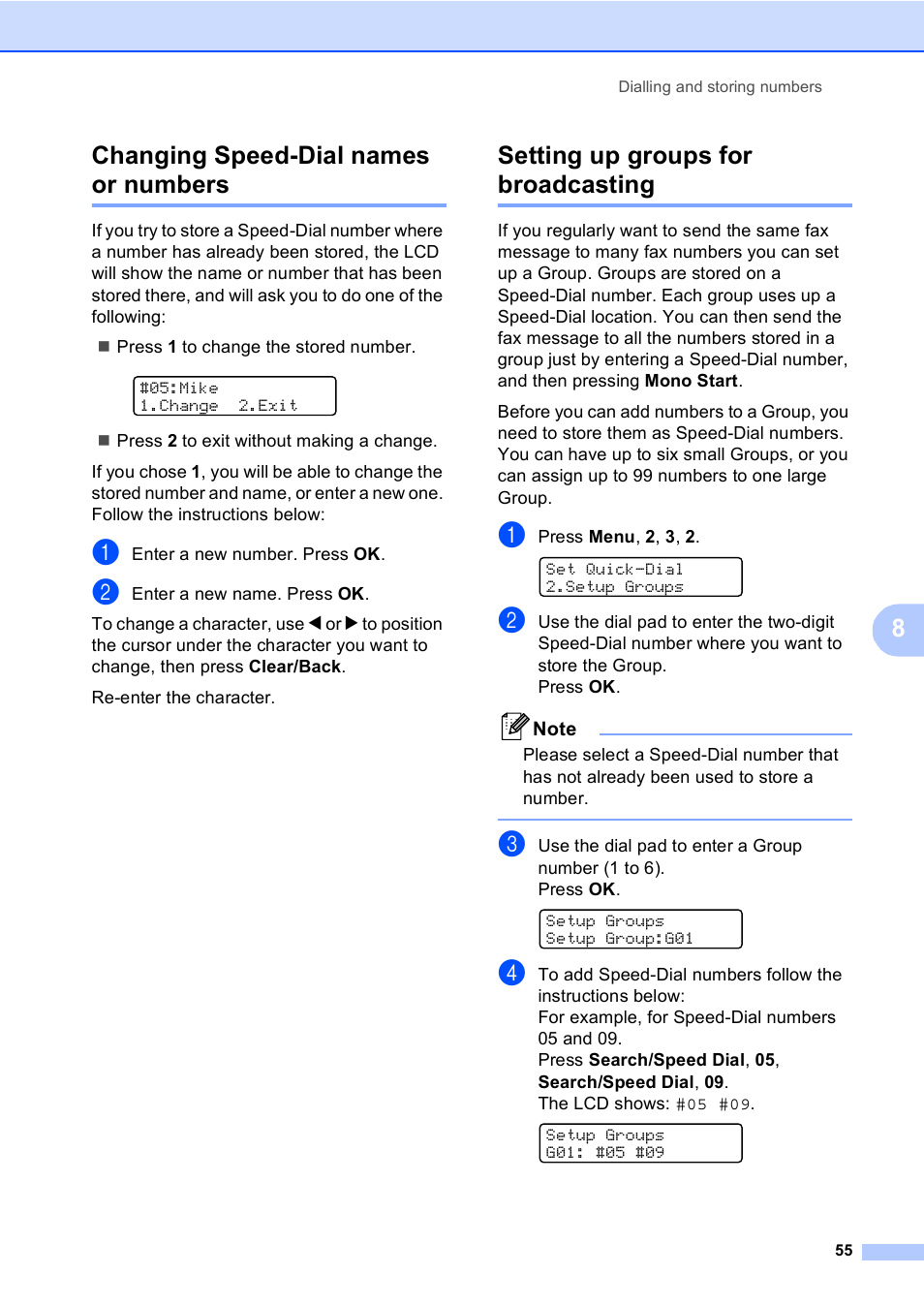 Changing speed-dial names or numbers, Setting up groups for broadcasting, 8changing speed-dial names or numbers | Brother MFC-5860CN User Manual | Page 65 / 168