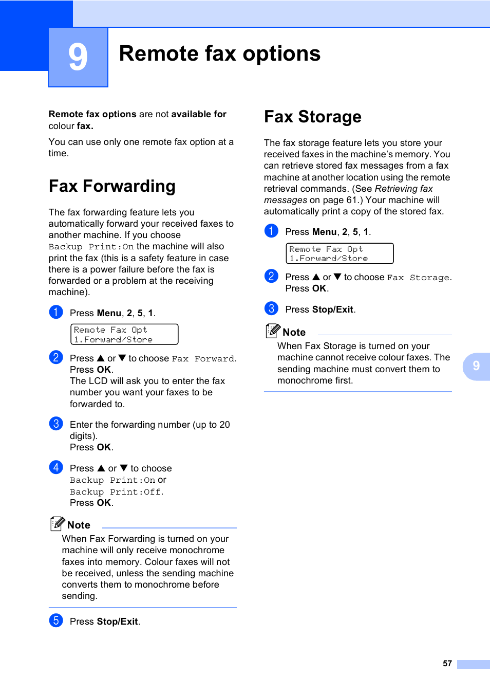 9 remote fax options, Fax forwarding, Fax storage | Remote fax options, Fax forwarding fax storage | Brother MFC-5860CN User Manual | Page 67 / 168