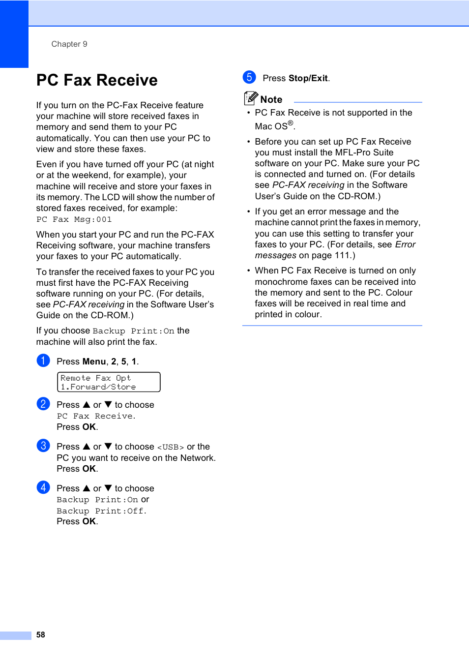 Pc fax receive | Brother MFC-5860CN User Manual | Page 68 / 168