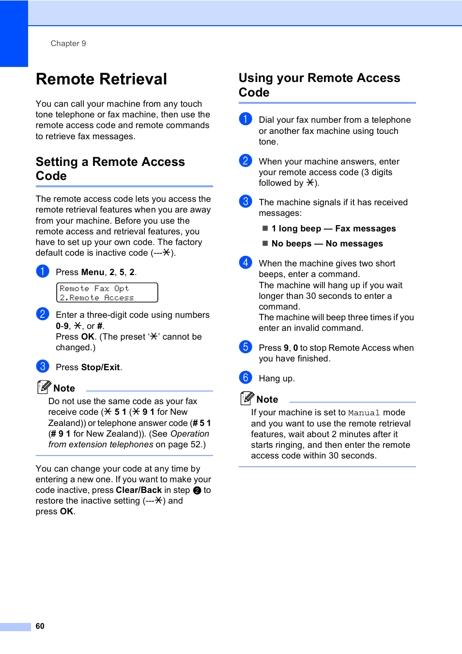 Remote retrieval, Setting a remote access code, Using your remote access code | Brother MFC-5860CN User Manual | Page 70 / 168