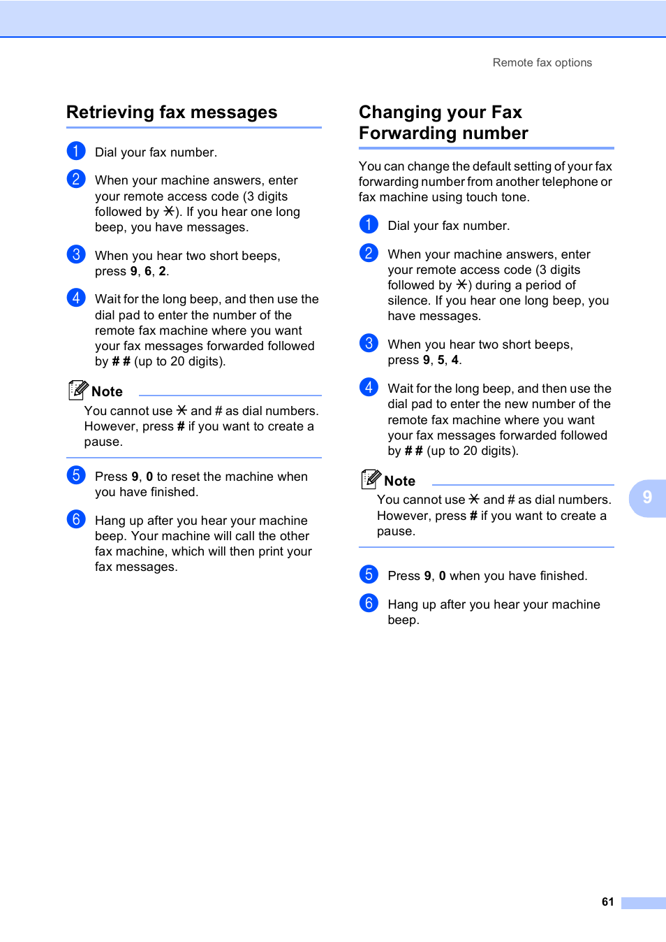 Retrieving fax messages, Changing your fax forwarding number, 9retrieving fax messages | Brother MFC-5860CN User Manual | Page 71 / 168