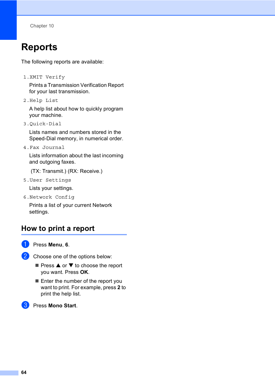 Reports, How to print a report | Brother MFC-5860CN User Manual | Page 74 / 168