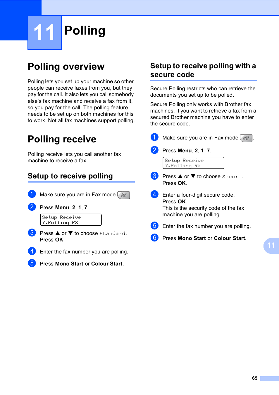 11 polling, Polling overview, Polling receive | Setup to receive polling, Setup to receive polling with a secure code, Polling, Polling overview polling receive | Brother MFC-5860CN User Manual | Page 75 / 168