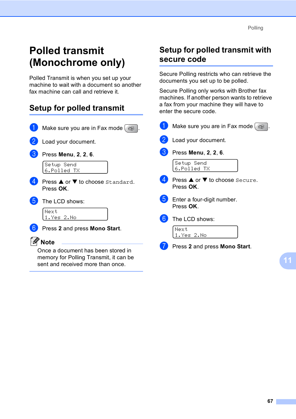 Polled transmit (monochrome only), Setup for polled transmit, Setup for polled transmit with secure code | Brother MFC-5860CN User Manual | Page 77 / 168
