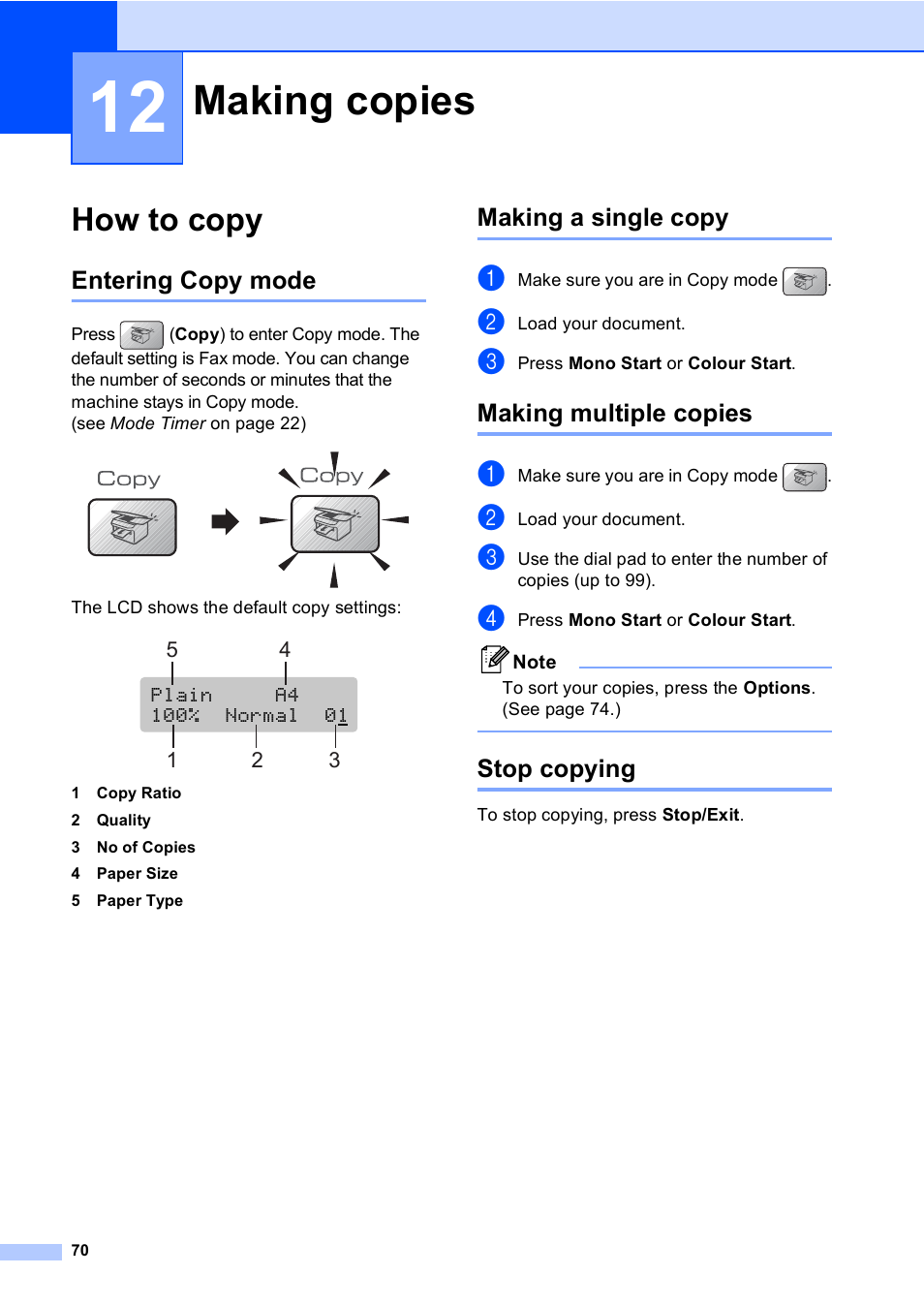12 making copies, How to copy, Entering copy mode | Making a single copy, Making multiple copies, Stop copying, Making copies | Brother MFC-5860CN User Manual | Page 80 / 168