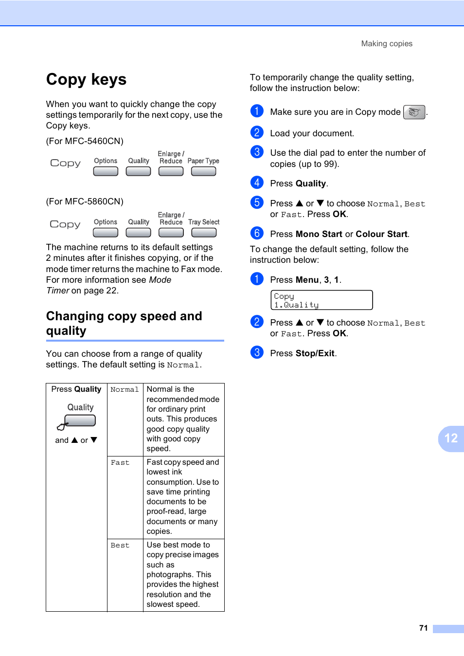 Copy keys, Changing copy speed and quality | Brother MFC-5860CN User Manual | Page 81 / 168