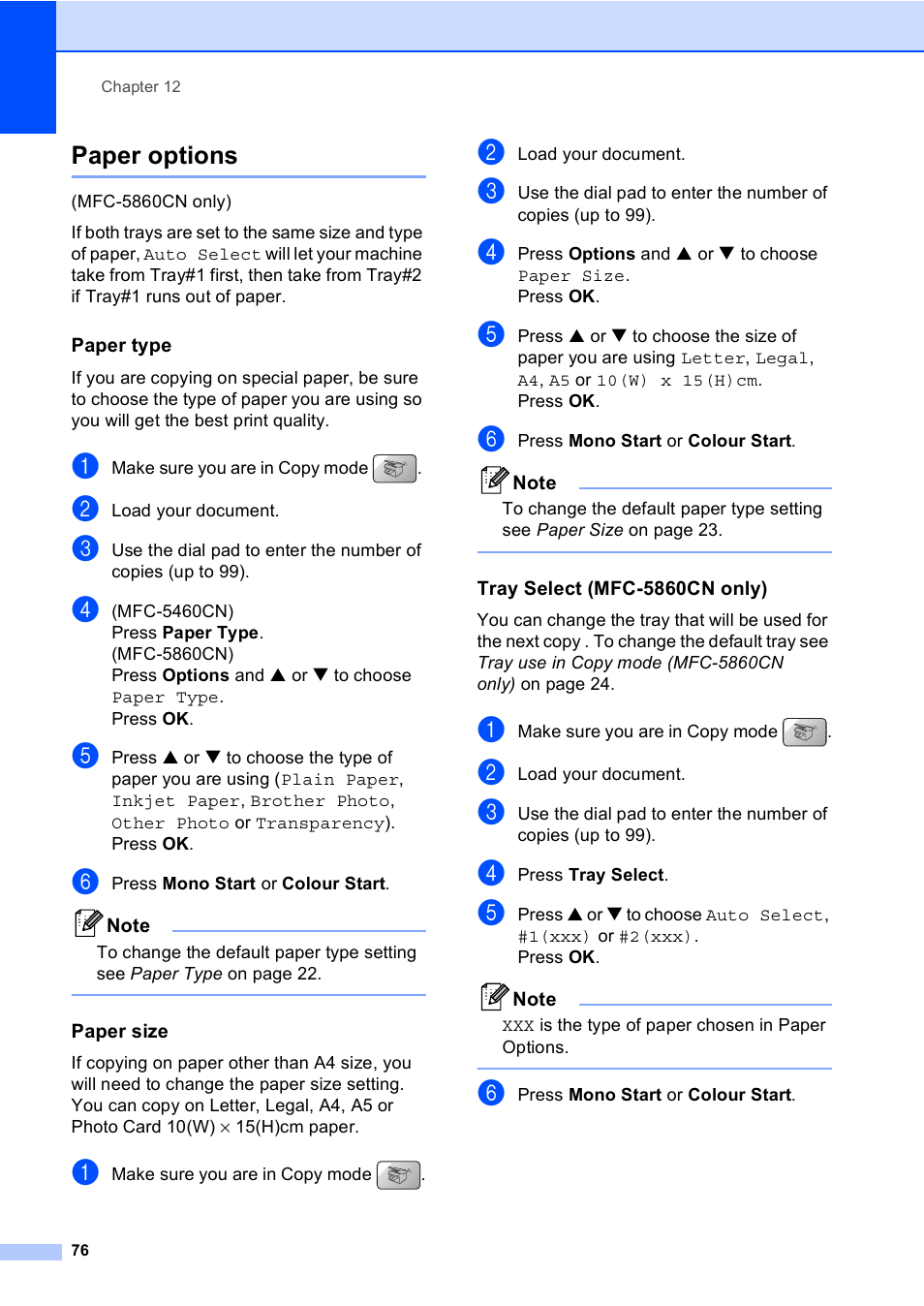 Paper options, Paper type, Paper size | Tray select (mfc-5860cn only) | Brother MFC-5860CN User Manual | Page 86 / 168