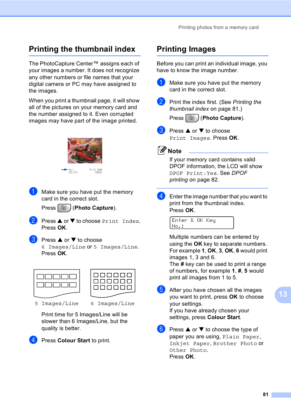 Printing the thumbnail index, Printing images, Printing the thumbnail index printing images | 13 printing the thumbnail index | Brother MFC-5860CN User Manual | Page 91 / 168