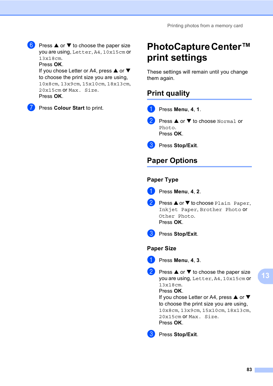 Photocapture center™ print settings, Print quality, Paper options | Paper type, Paper size, Print quality paper options | Brother MFC-5860CN User Manual | Page 93 / 168