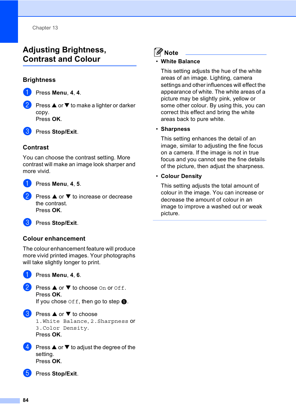 Adjusting brightness, contrast and colour, Brightness, Contrast | Colour enhancement | Brother MFC-5860CN User Manual | Page 94 / 168