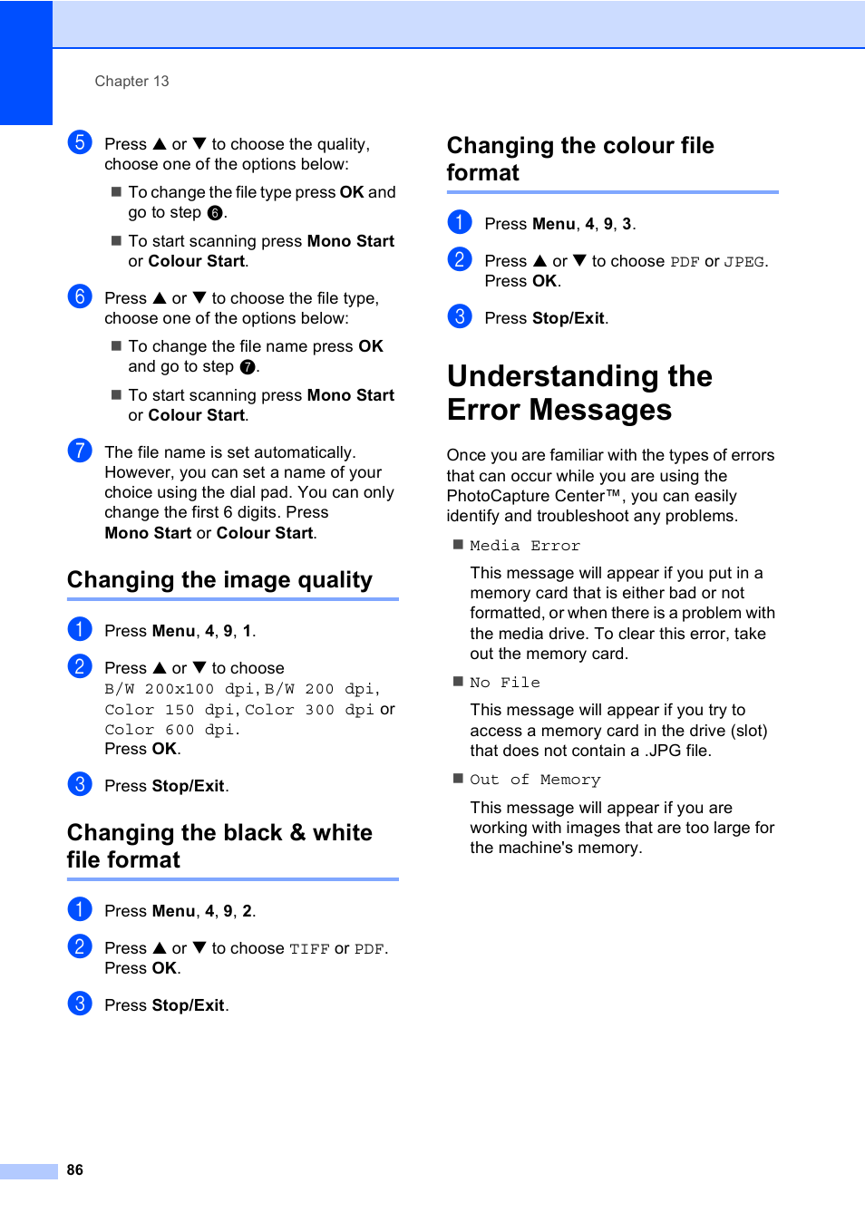 Changing the image quality, Changing the black & white file format, Changing the colour file format | Understanding the error messages | Brother MFC-5860CN User Manual | Page 96 / 168