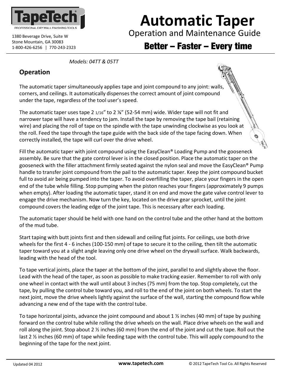 Slide number 3, Automatic taper, Operation and maintenance guide | Better – faster – every time, Operation | TapeTech 05TT Automatic Taper User Manual | Page 3 / 4