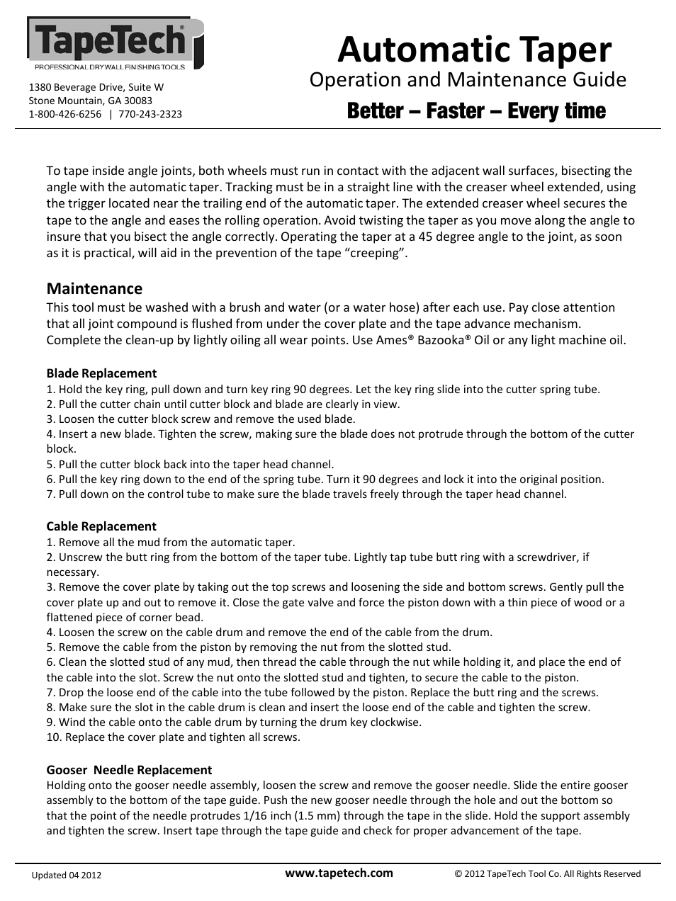 Slide number 4, Automatic taper, Operation and maintenance guide | Better – faster – every time, Maintenance | TapeTech 05TT Automatic Taper User Manual | Page 4 / 4