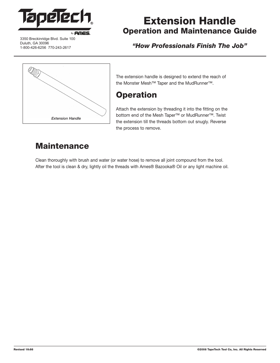 TapeTech 98TT MudRunner Extension Handle User Manual | 1 page
