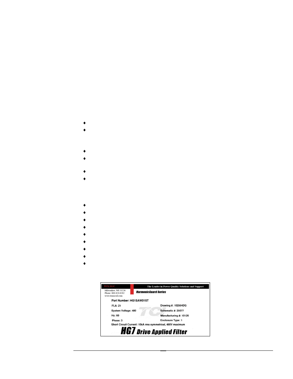Product description, Hg7 drive-applied harmonic filter, Nameplate data | Figure 1 – typical hg7 harmonic filter nameplate | TCI HG7 User Manual | Page 15 / 56