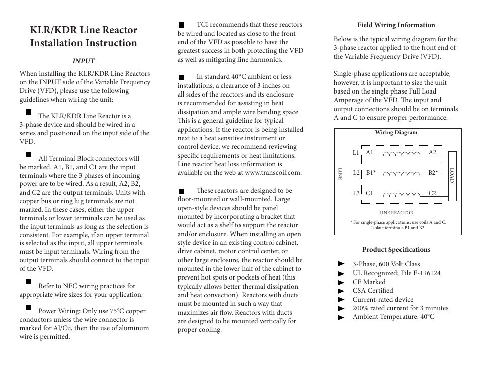 Klr/kdr line reactor installation instruction | TCI Reactor User Manual | Page 2 / 2