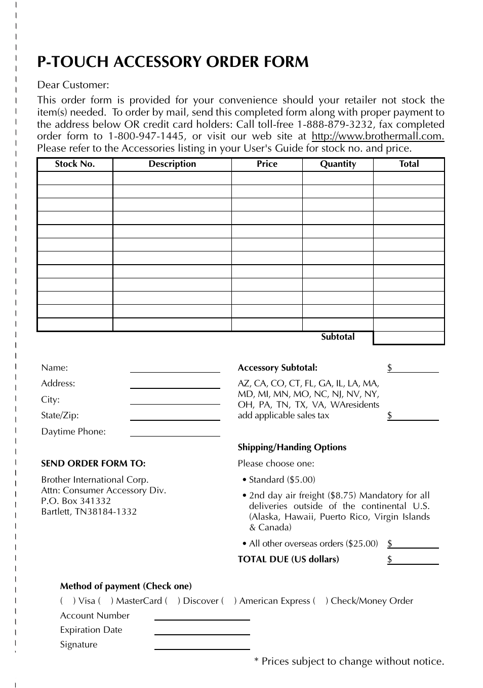 P-touch accessory order form | Brother 1810 User Manual | Page 89 / 139