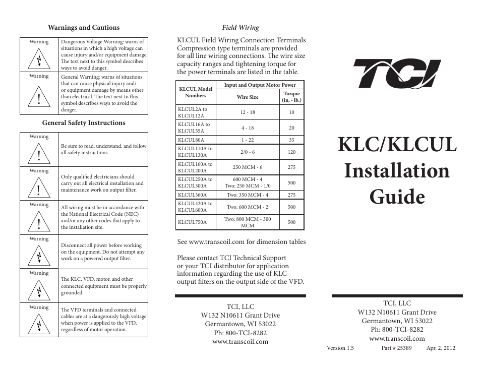 TCI KLCUL User Manual | 2 pages