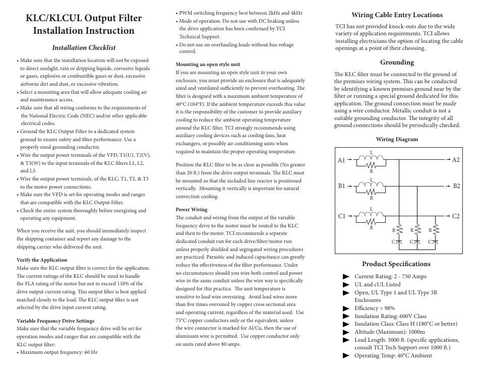 Klc/klcul output filter installation instruction | TCI KLCUL User Manual | Page 2 / 2