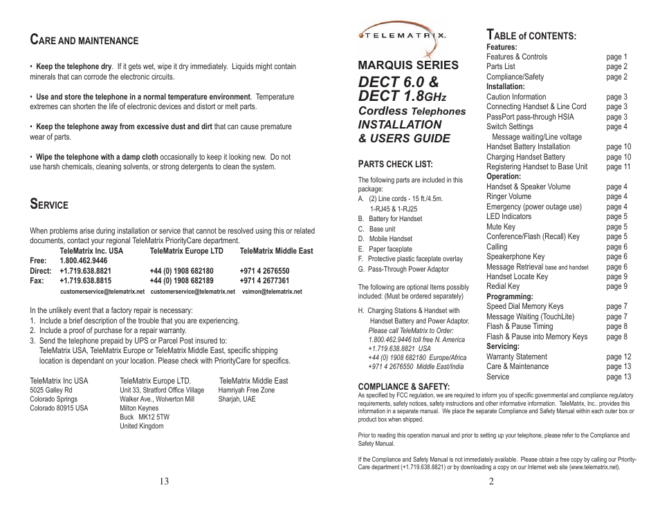 Dect 6.0 & dect 1.8, Marquis series, Cordless | Installation & users guide | Telematrix 9600 Series User Manual | Page 3 / 8