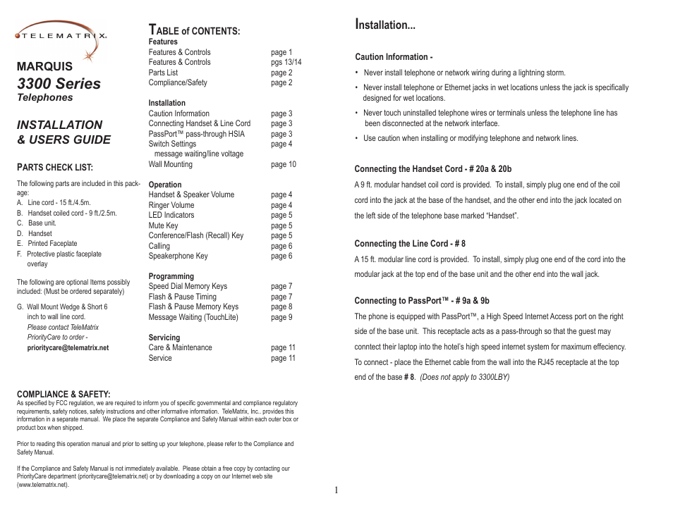 3300 series, Nstallation, Marquis | Installation & users guide | Telematrix 3300 Series User Manual | Page 2 / 6