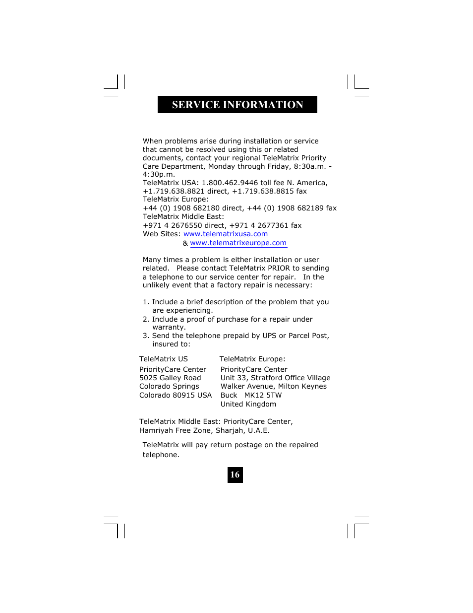 Service information | Telematrix 3300TRM User Manual | Page 17 / 19