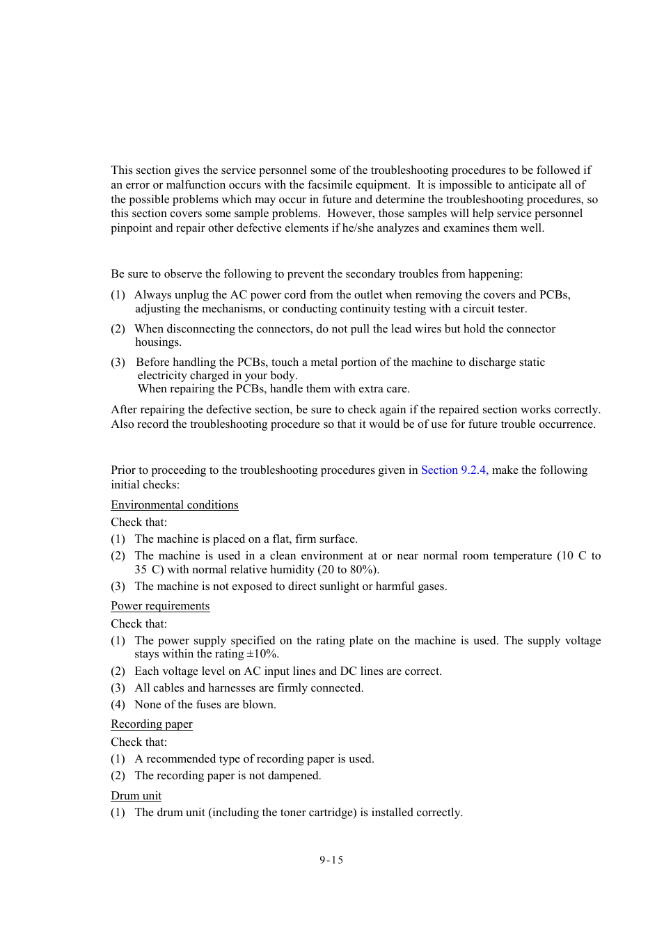 2 troubleshooting, 1 introduction, 2 precautions | 3 checking prior to troubleshooting, 2 troubleshooting -15, 1 introduction -15, 2 precautions -15, 3 checking prior to troubleshooting -15 | Brother Facsimile Equipment MFC7420 User Manual | Page 203 / 327