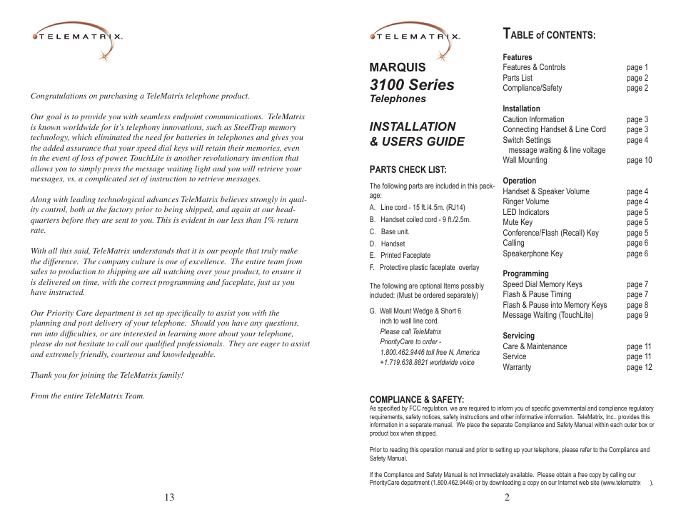 3100 series, Marquis, Installation & users guide | Telematrix 3100 Series User Manual | Page 3 / 8