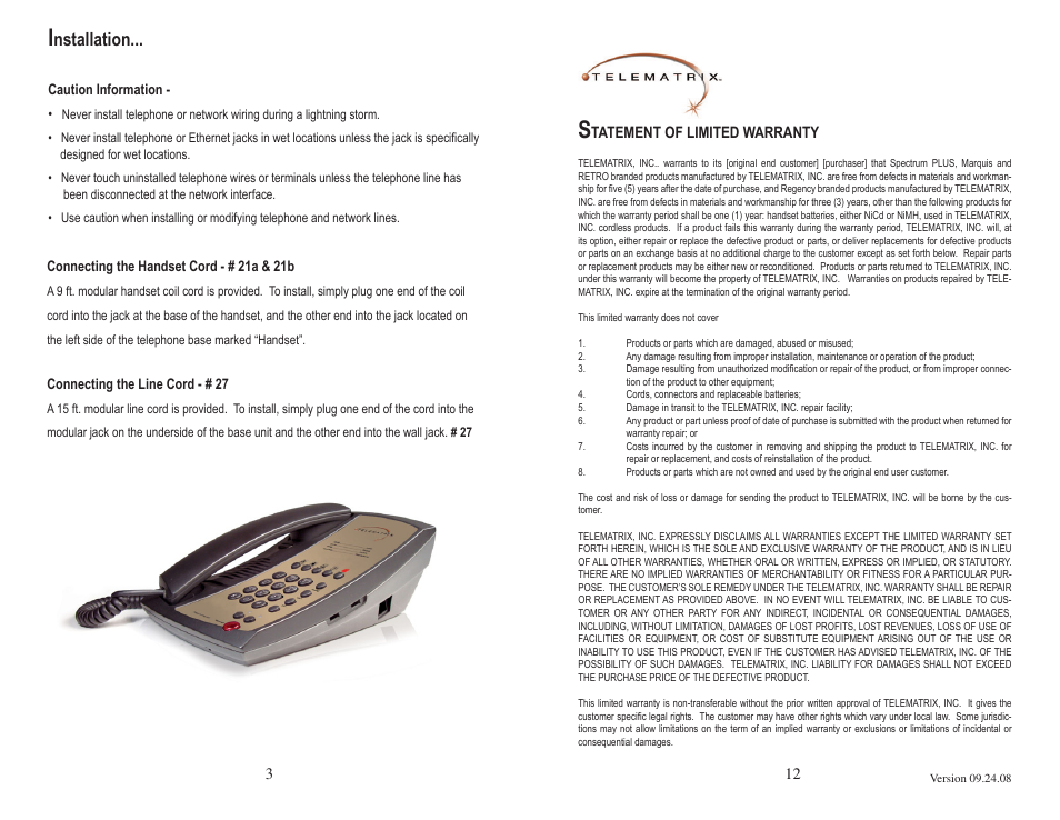 Nstallation, Tatement of limited warranty | Telematrix 3100 Series User Manual | Page 4 / 8