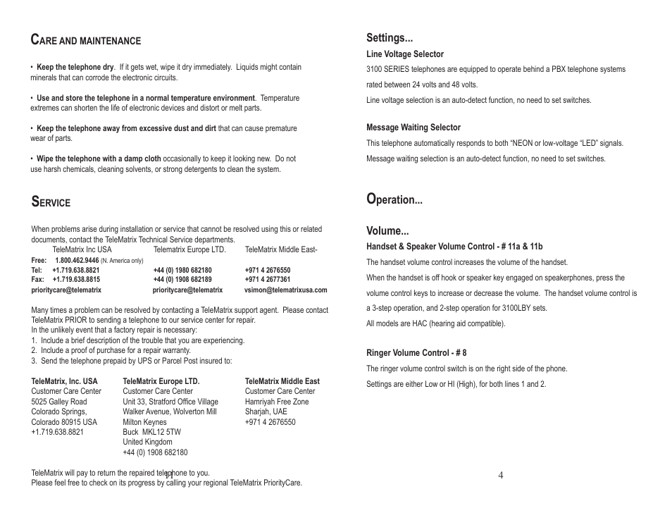 Peration... volume, Settings | Telematrix 3100 Series User Manual | Page 5 / 8