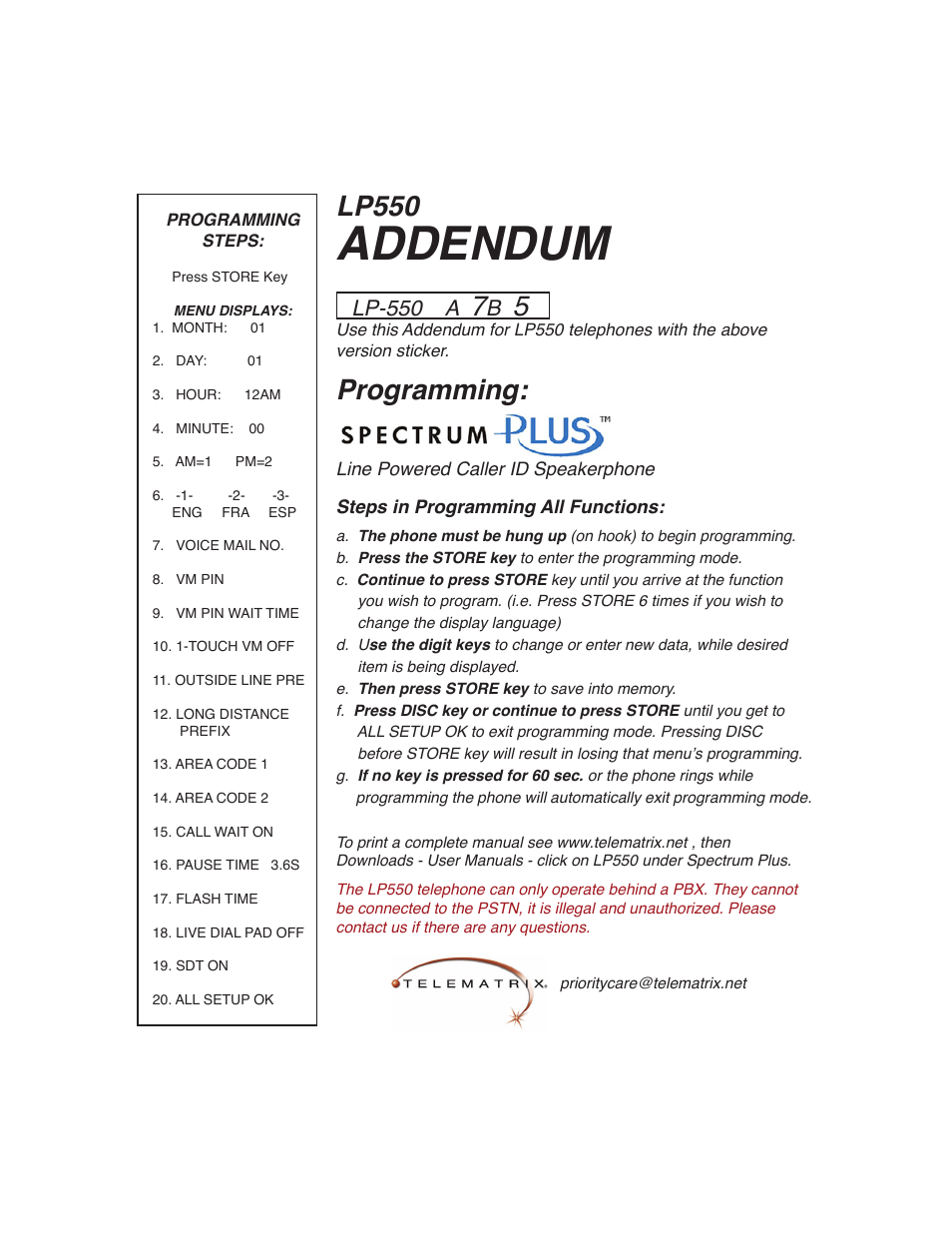 Telematrix LP550 Quick Start User Manual | 1 page