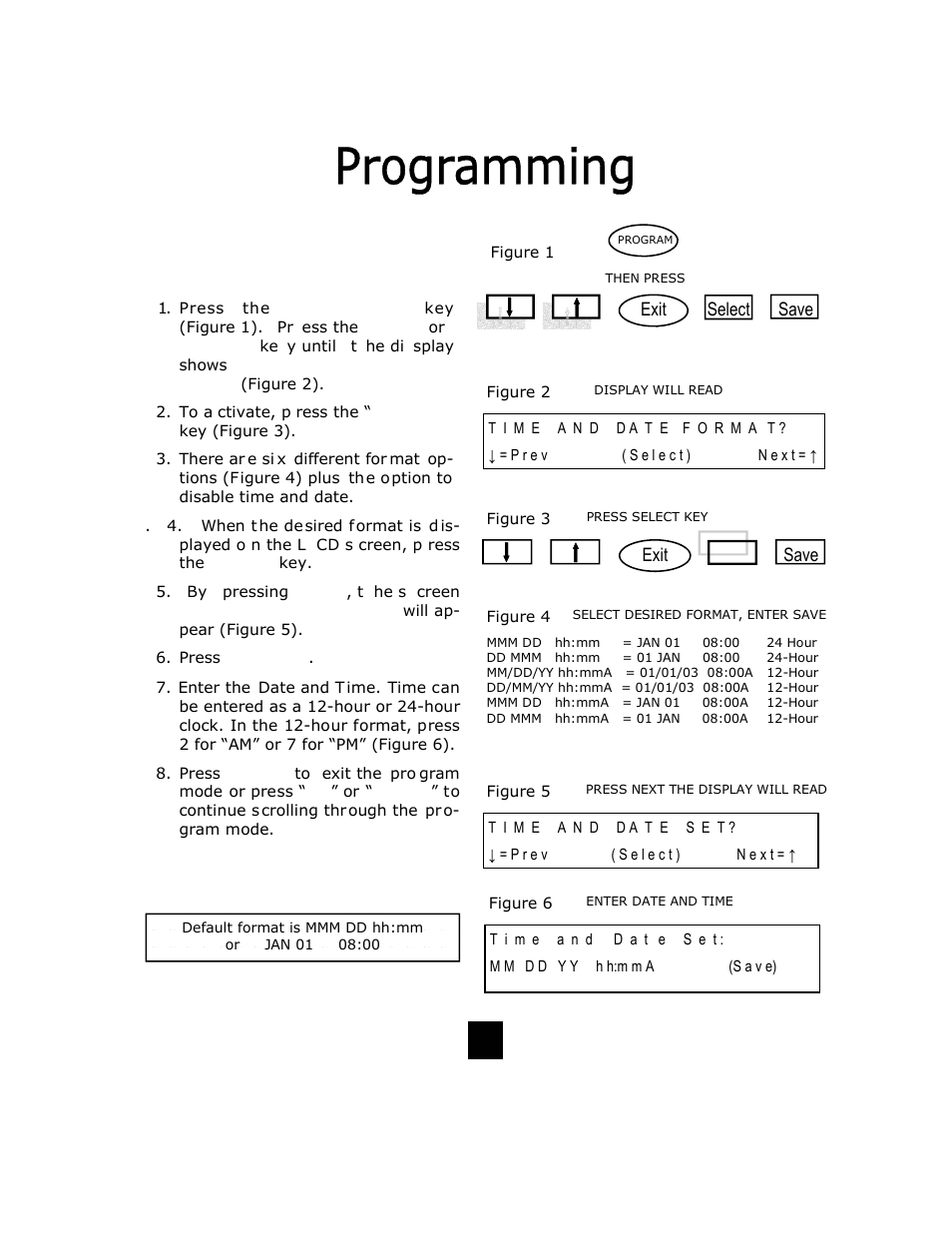 Programming time and date, Save, Select exit | Exit | Telematrix DC550 User Manual | Page 25 / 43