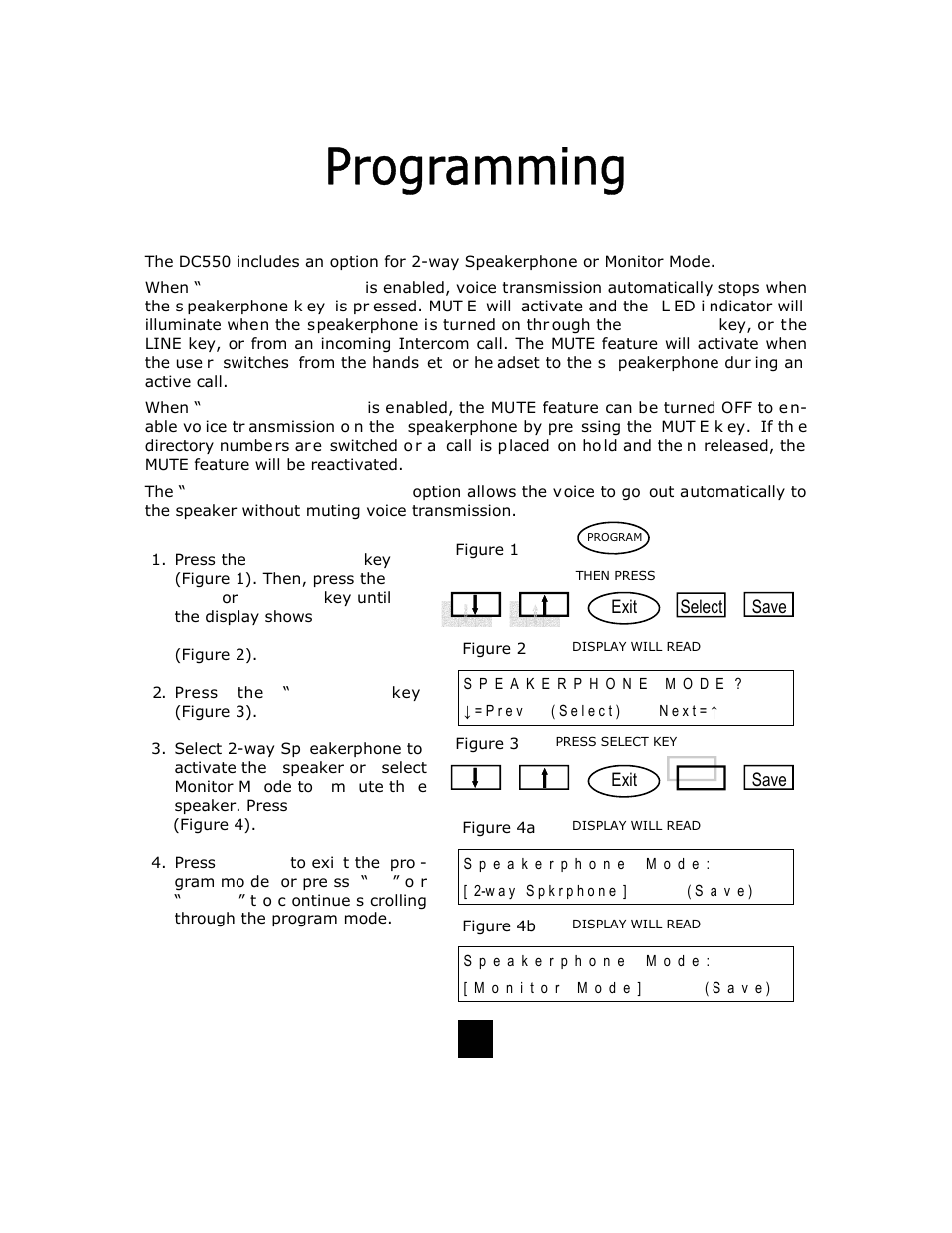 Save, Select exit, Exit | Programming speakerphone mode | Telematrix DC550 User Manual | Page 28 / 43