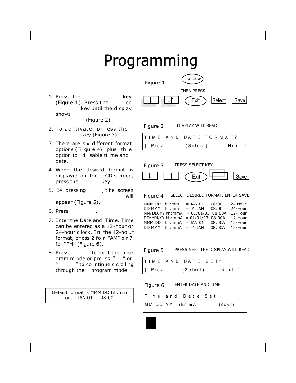 Programming time and date, Save, Select exit | Exit | Telematrix DC640 User Manual | Page 24 / 42