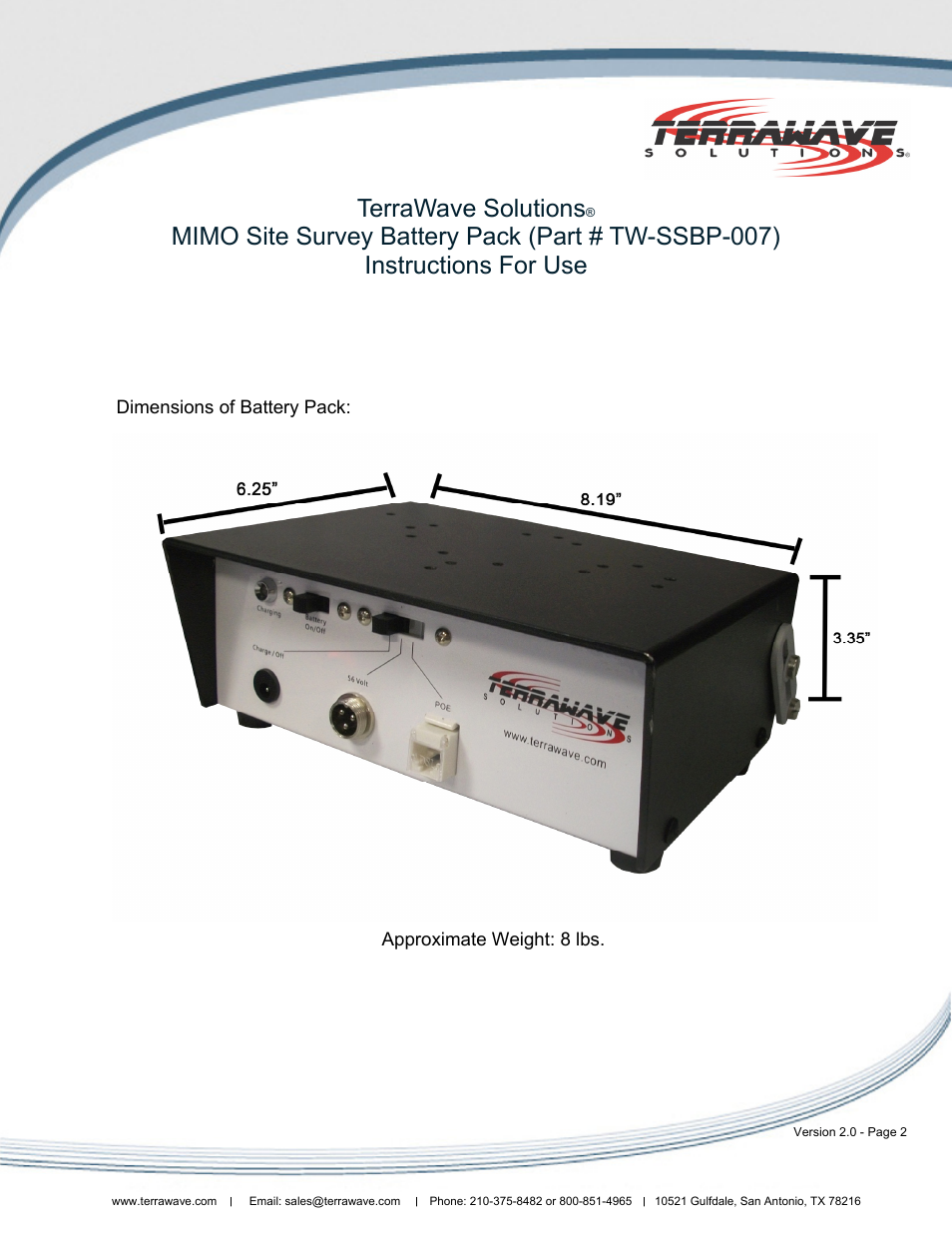 Terrawave solutions | TerraWave 802.11n MIMO Site Survey Battery Pack User Manual | Page 2 / 8
