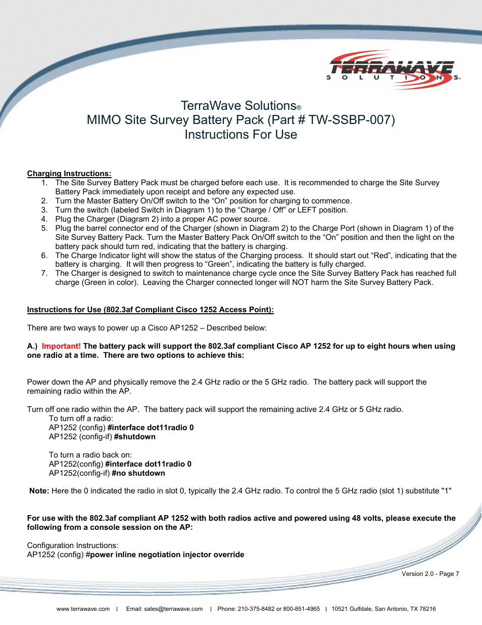 Terrawave solutions | TerraWave 802.11n MIMO Site Survey Battery Pack User Manual | Page 7 / 8