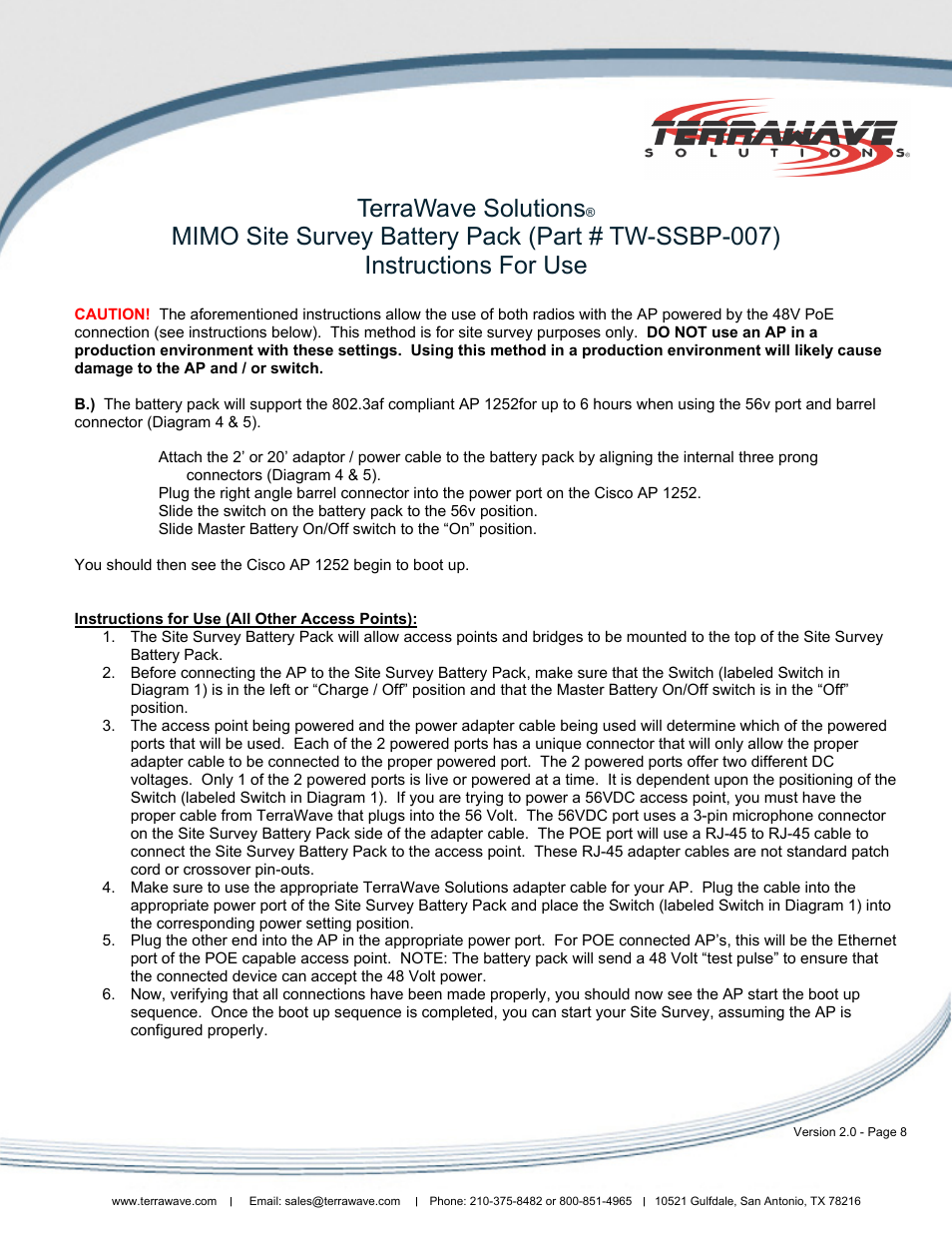 Terrawave solutions | TerraWave 802.11n MIMO Site Survey Battery Pack User Manual | Page 8 / 8