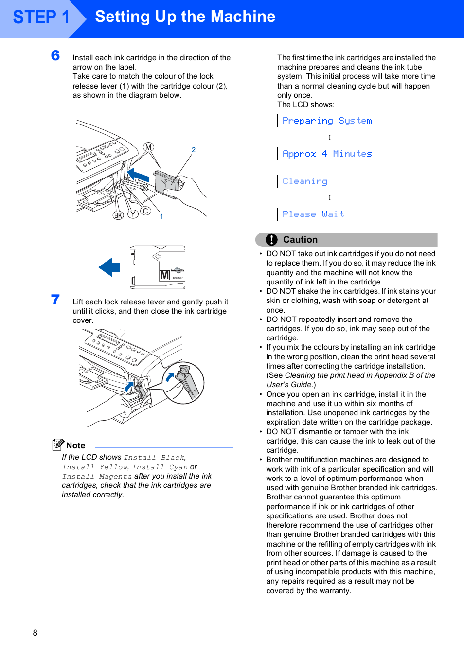 Step 1, Setting up the machine, Preparing system | Approx 4 minutes, Cleaning, Please wait, Caution | Brother dcp135c User Manual | Page 10 / 26