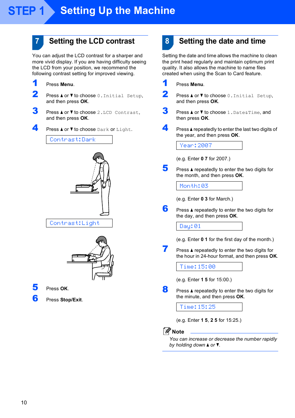 7 setting the lcd contrast, 8 setting the date and time, Setting the lcd contrast setting the date and time | Step 1, Setting up the machine, 7setting the lcd contrast, 8setting the date and time | Brother dcp135c User Manual | Page 12 / 26