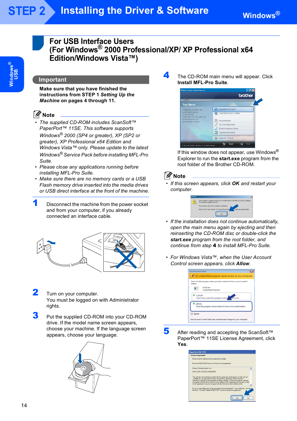 Windows, For usb interface users (for windows, For usb interface users | For windows® 2000 professional/xp, Xp professional x64 edition/windows vista™), Step 2, Installing the driver & software, Important | Brother dcp135c User Manual | Page 16 / 26