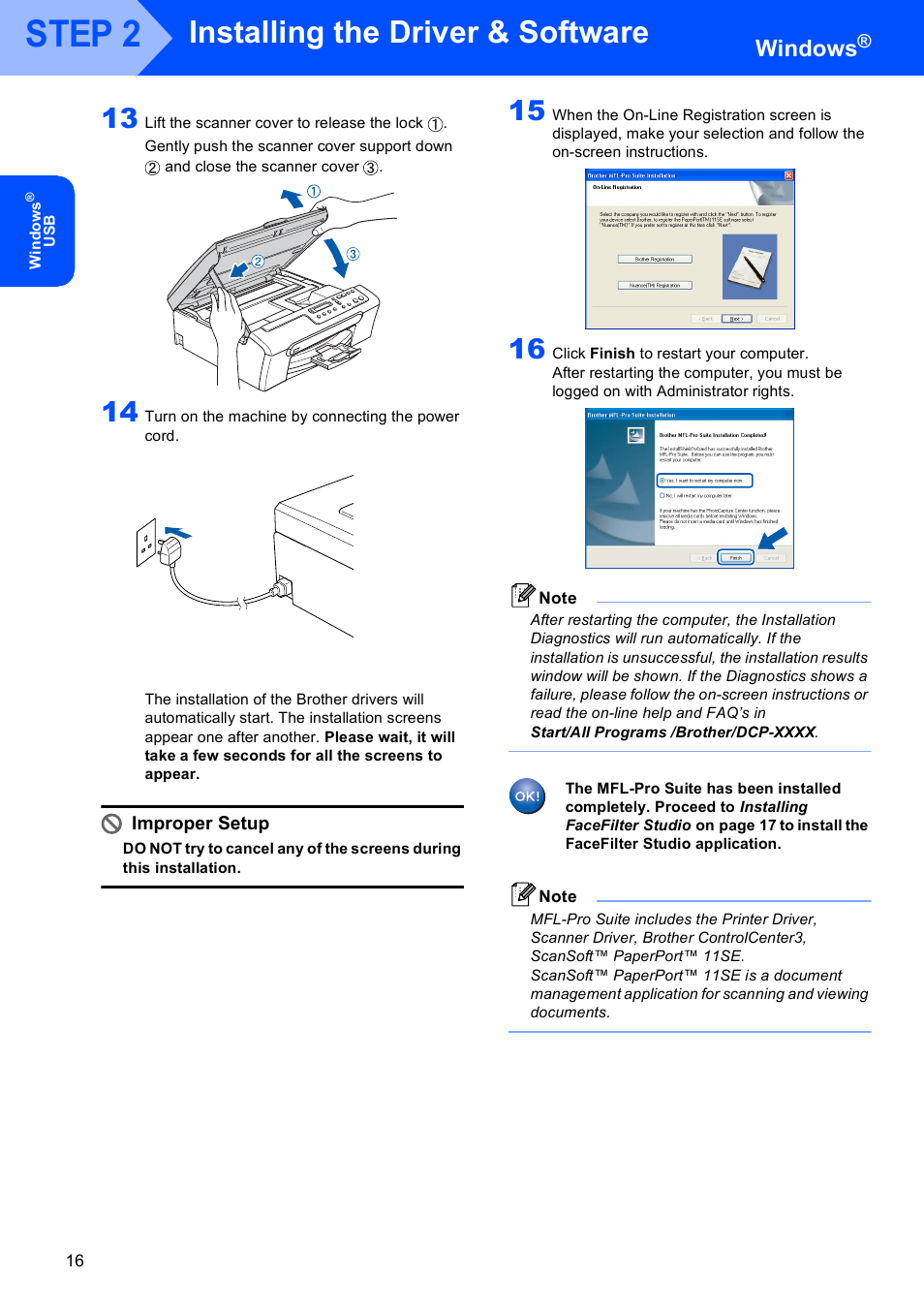 Step 2, Installing the driver & software, Windows | Improper setup | Brother dcp135c User Manual | Page 18 / 26