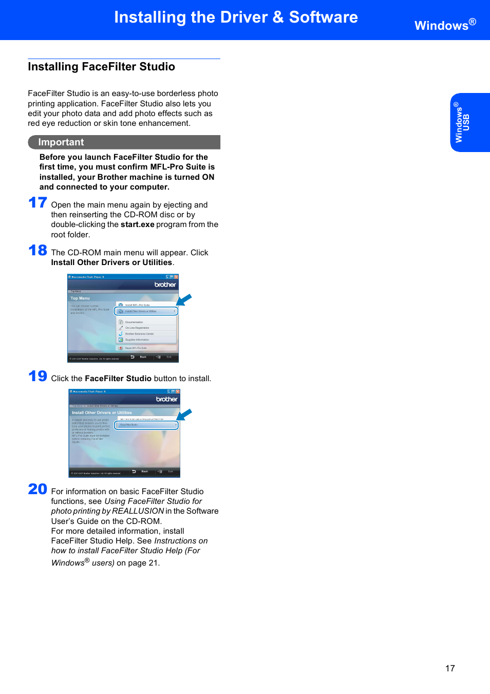 Installing facefilter studio, Installing the driver & software, Windows | Brother dcp135c User Manual | Page 19 / 26
