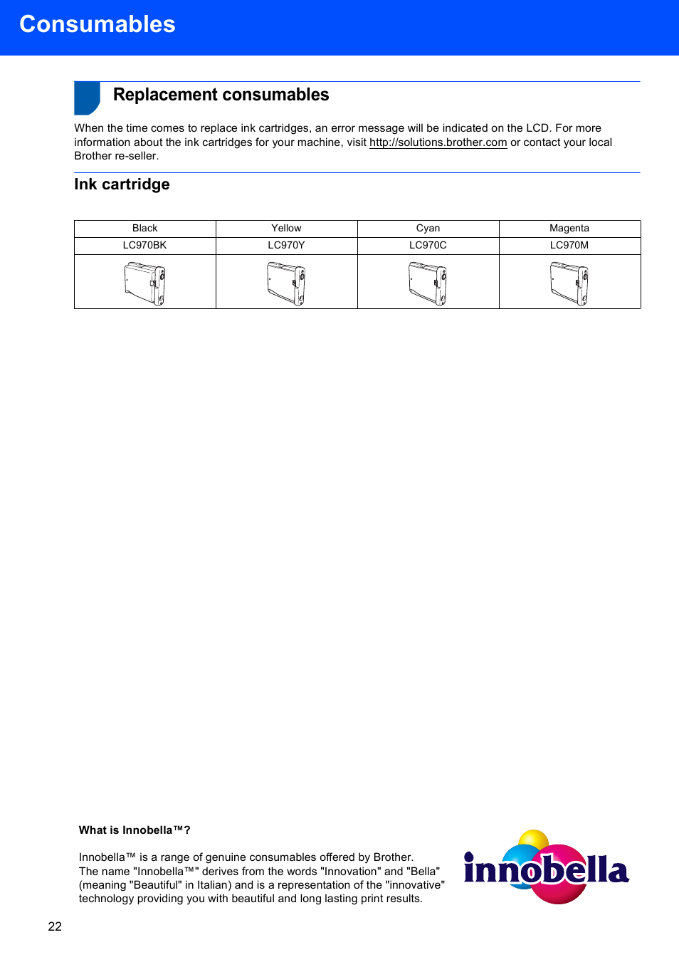 Consumables, Replacement consumables, Ink cartridge | Brother dcp135c User Manual | Page 24 / 26