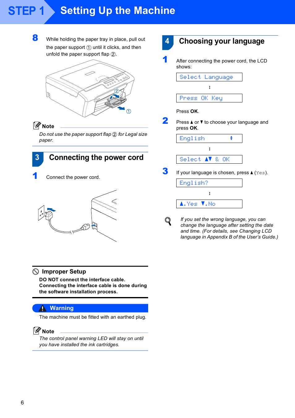 3 connecting the power cord, 4 choosing your language, Connecting the power cord choosing your language | Step 1, Setting up the machine, 3connecting the power cord, 4choosing your language, Select language, Press ok key, English e | Brother dcp135c User Manual | Page 8 / 26