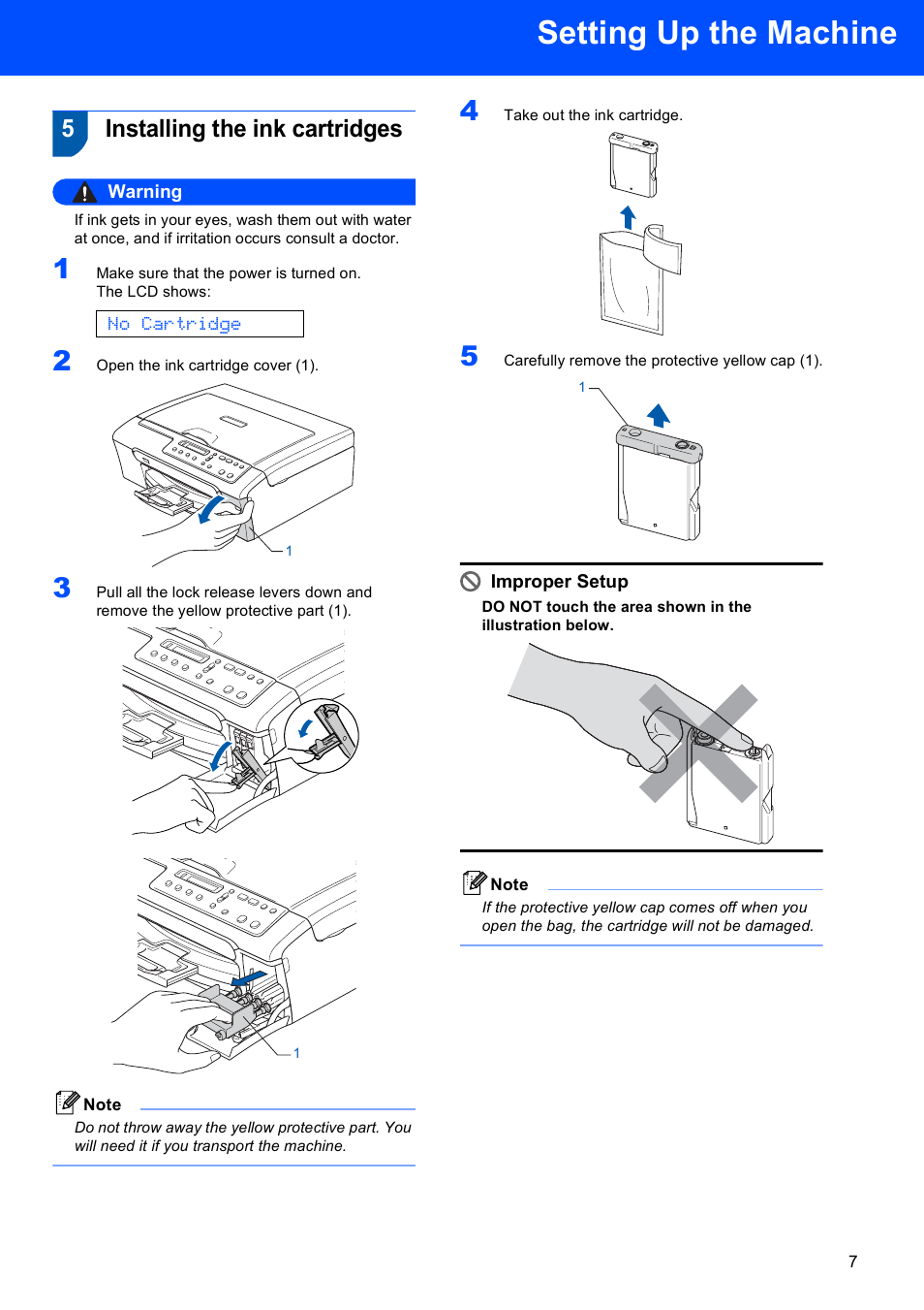 5 installing the ink cartridges, Installing the ink cartridges, Setting up the machine | 5installing the ink cartridges, No cartridge, Warning, Improper setup | Brother dcp135c User Manual | Page 9 / 26