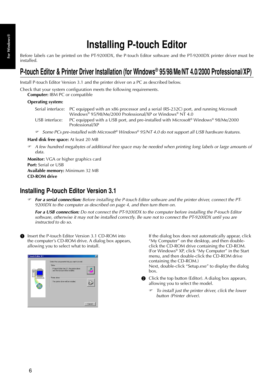 Installing p-touch editor, Installing p-touch editor version 3.1 | Brother P-TOUCH PRO DX PT-9200DX User Manual | Page 10 / 80