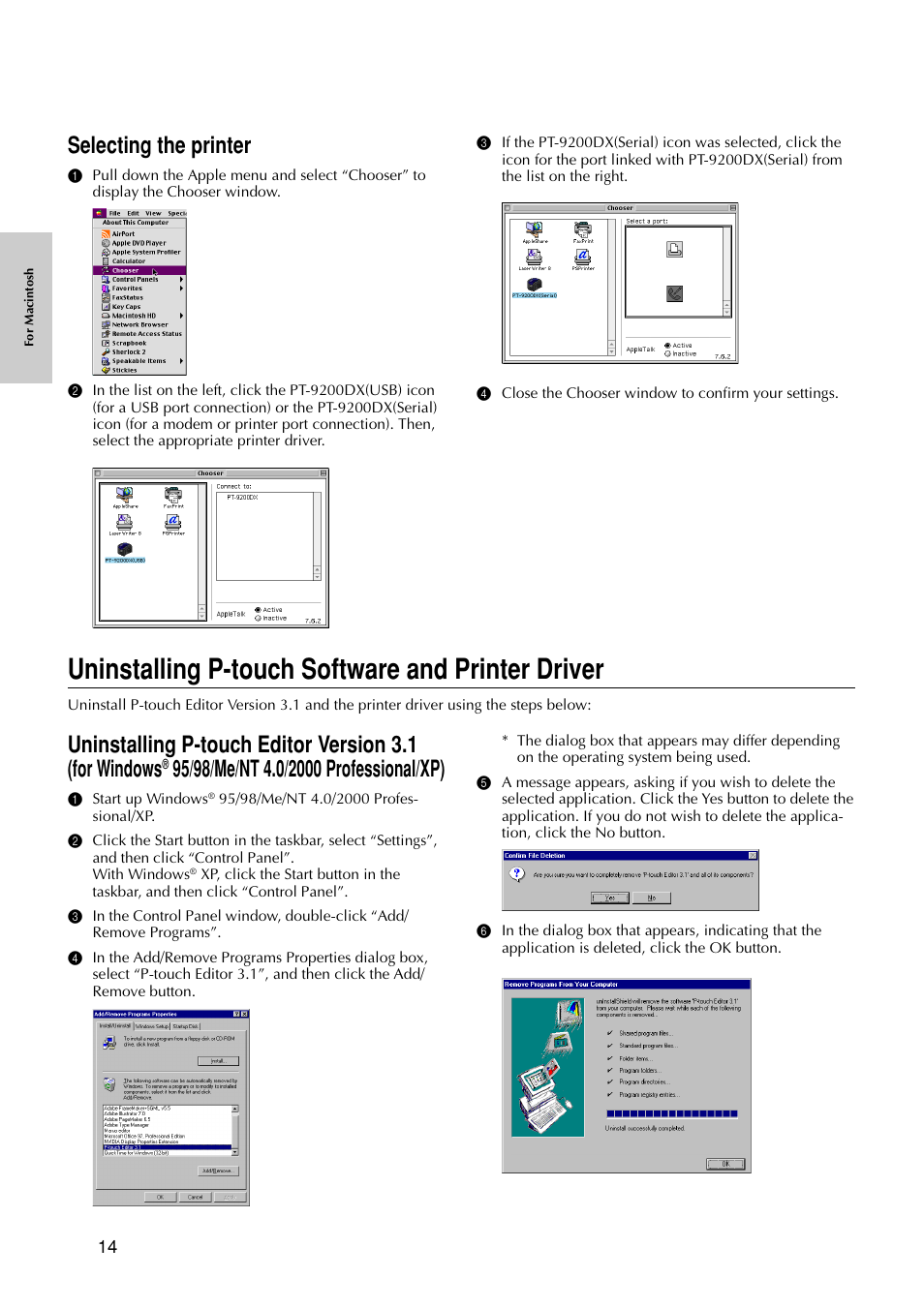 Uninstalling p-touch software and printer driver, Selecting the printer | Brother P-TOUCH PRO DX PT-9200DX User Manual | Page 18 / 80