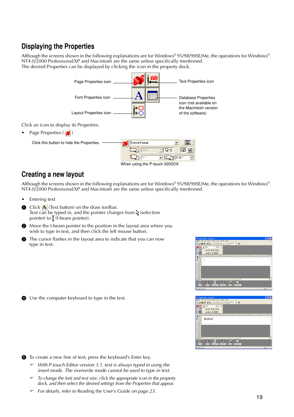 Displaying the properties, Creating a new layout | Brother P-TOUCH PRO DX PT-9200DX User Manual | Page 23 / 80