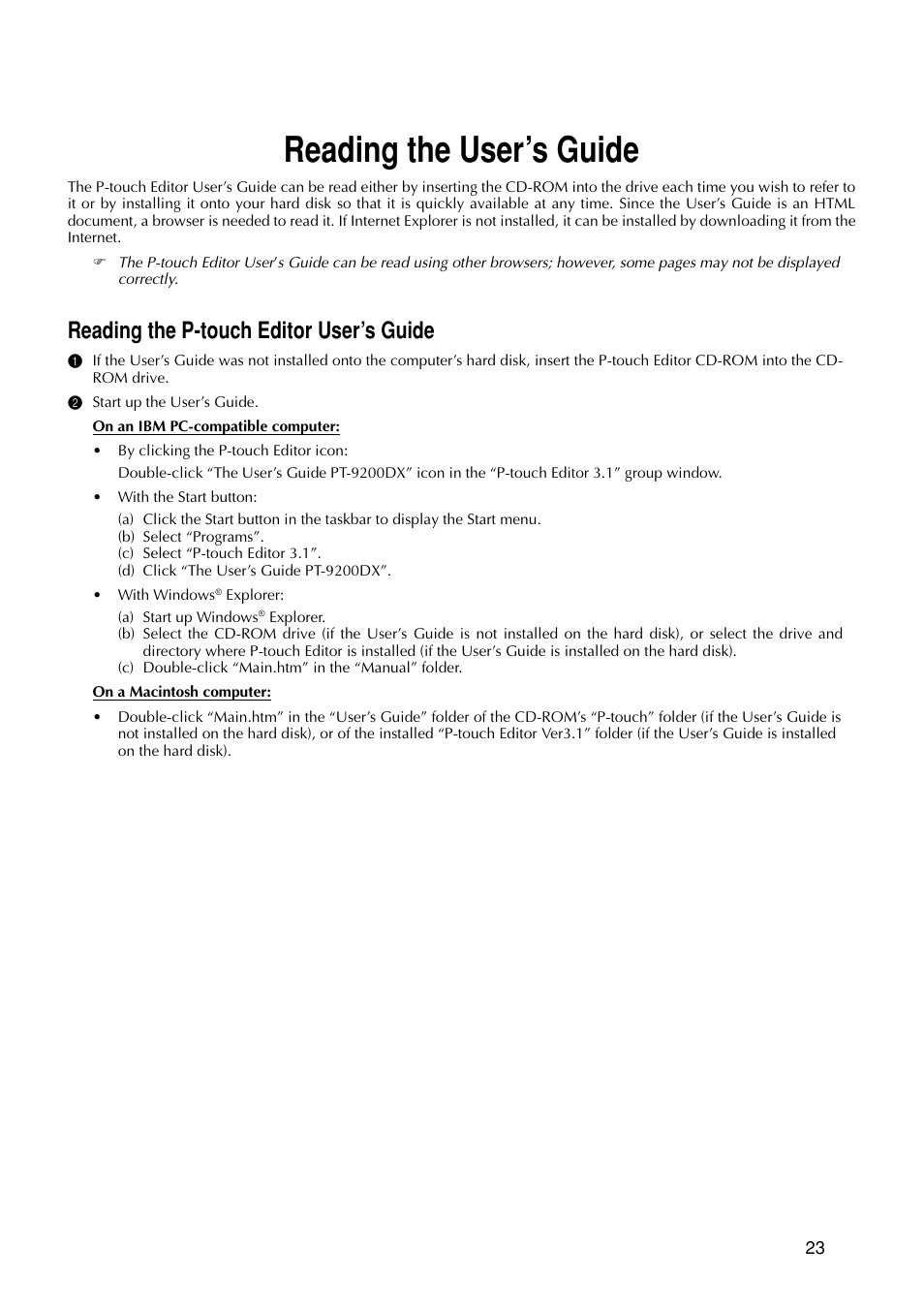 Reading the user’s guide, Reading the p-touch editor user’s guide | Brother P-TOUCH PRO DX PT-9200DX User Manual | Page 27 / 80